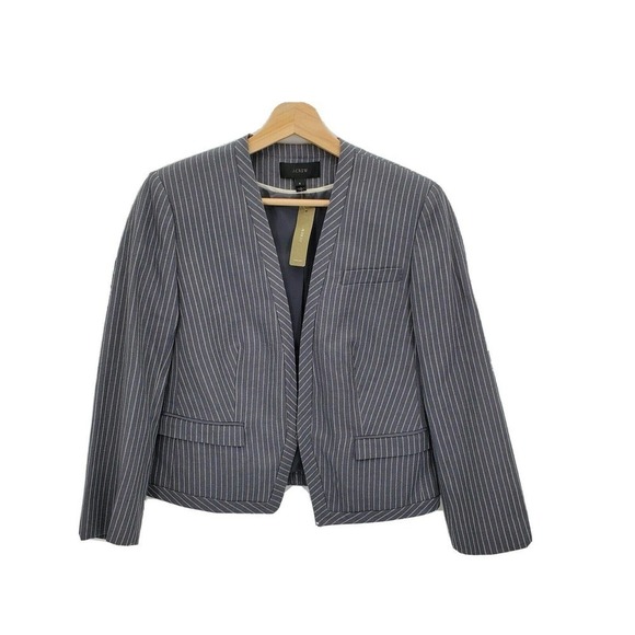 New J Crew Womens Cropped Blazer Jacket Pinstripe Wool Linen Pewter Ivory Size 6 - Picture 1 of 5
